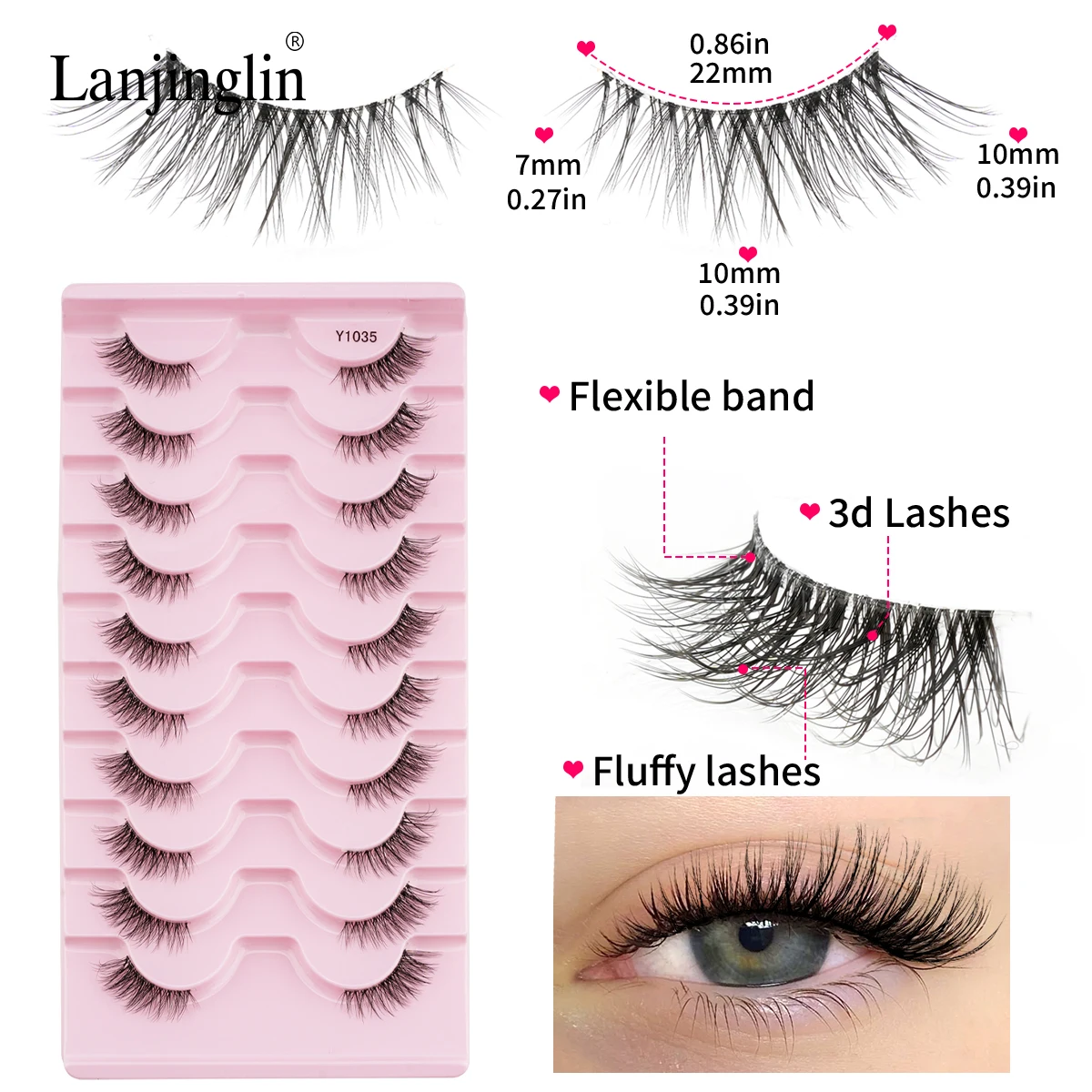 Lanjinglin 3/10 Paar Flauschige Künstliche Wimpern Weiche Halbe Wimpern 3D Nerzhaar-Wimpern Natürliche Faux-Cils Make-up Wispies Augenwimpern