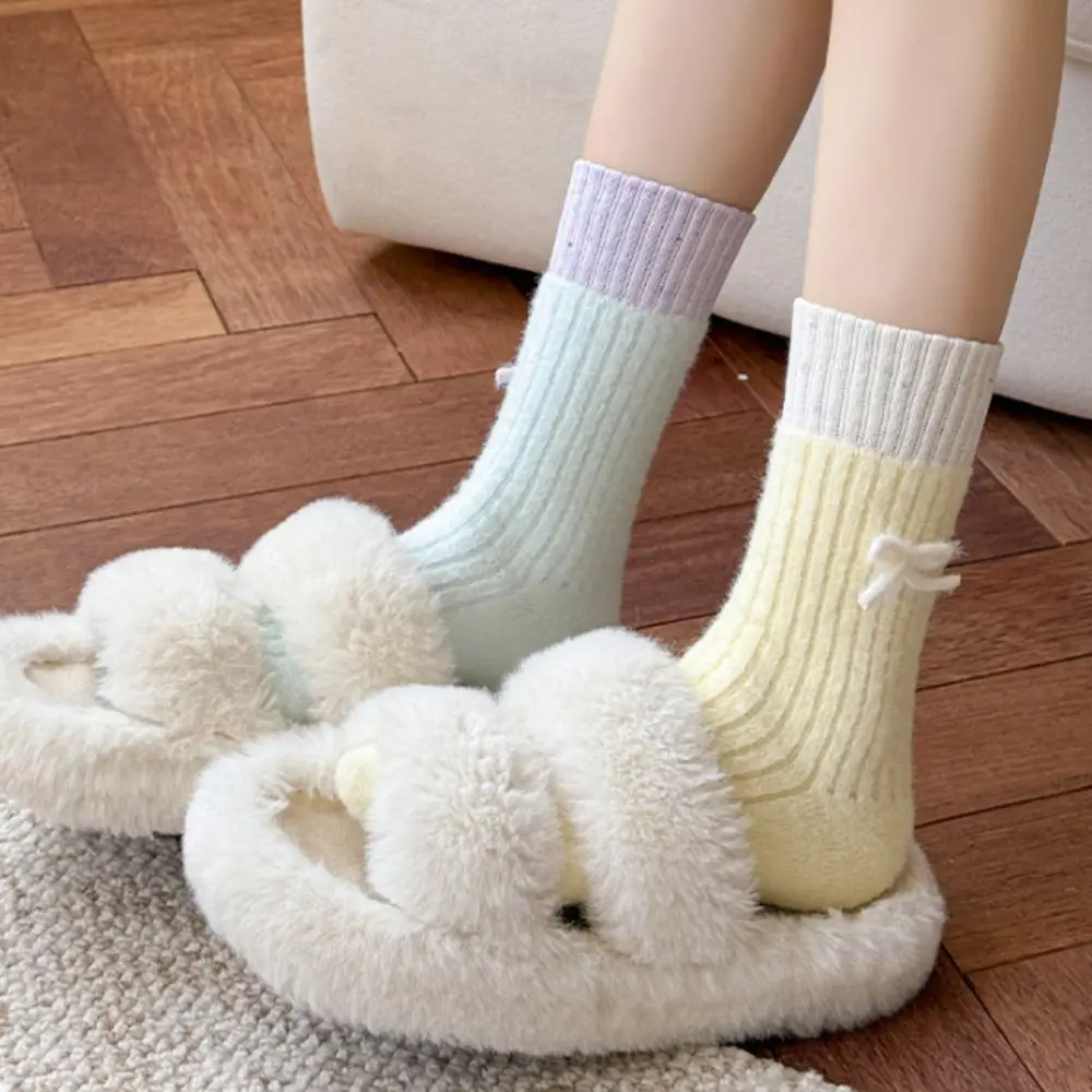 

Simple Bowknot Women's Thickened Socks Soft Comfortable Plush Sleep Socks Solid Color Breathable Warm Home Socks Autumn Winter