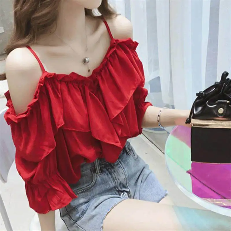 Off Shoulder Tops Women Short Sleeve Red Blouse Korean Style Summer Fashion Casual Shirt