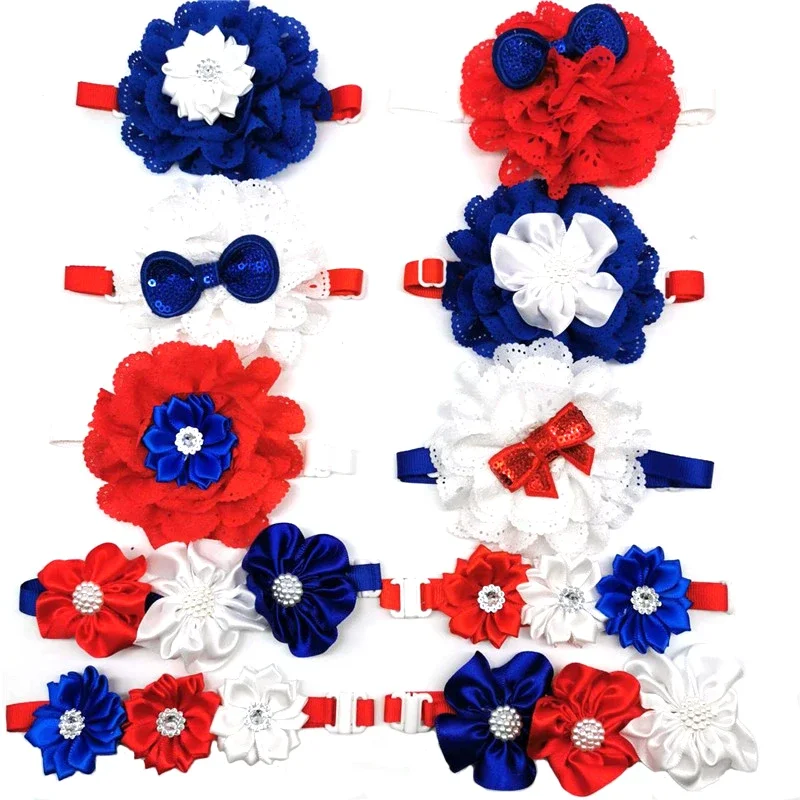 

30/50pcs The 4th of July US Independence Day Dog Bow Ties Flower Collars Adjustable Bow Ties for Puppy Cat Dog Pet Accessories