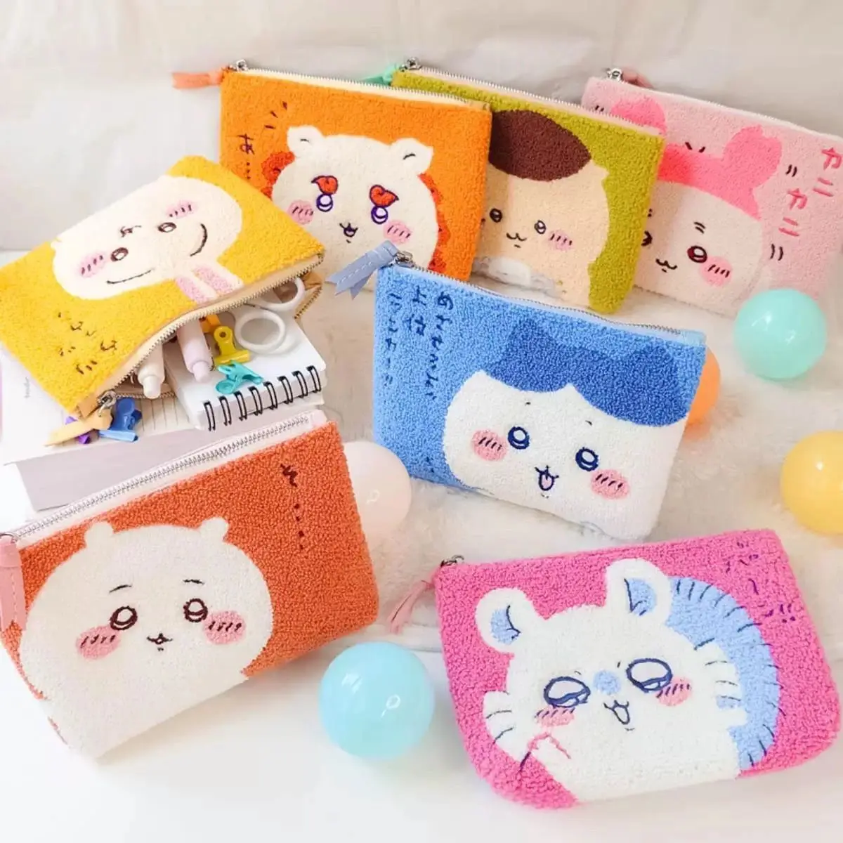 Japanese chiikawa Jiyi Kawa makeup storage bag cartoon cute plush embroidered stationery pen bag double pocket