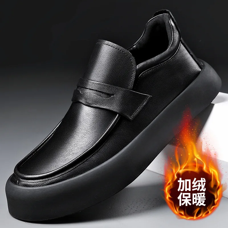 2023Genuine Shoes Men Winter Plus Velvet Comfy Male Footwear Moccasin Fashion Shoes Men Slip-on Men\'s Flats Men Casual Shoes