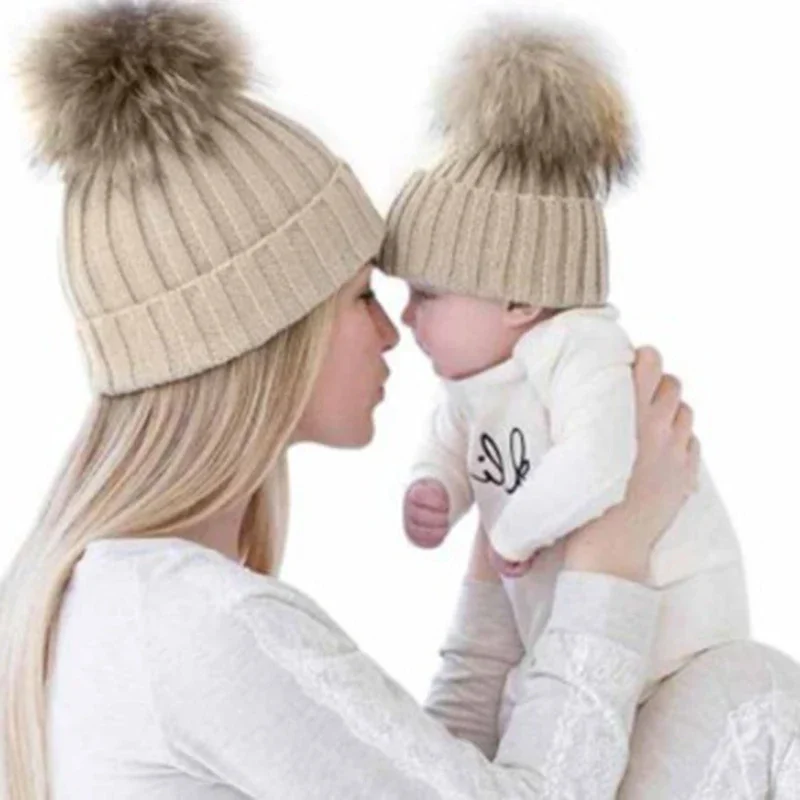 Mom And Baby Pompon Warm Hats Imitation Raccoon Fur Bobble Beanie Kids Cotton Knitted Parent-Child Hat Winter Caps