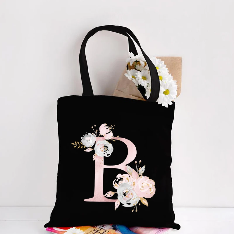 Bolso de hombro con estampado de letras y iniciales de flores en inglés, bolsa de compras de gran capacidad para regalo de amigos, color rosa