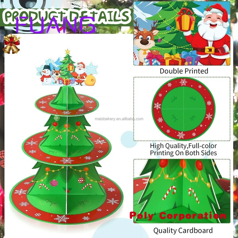 Custom  Christmas Cupcake Stand Holder 3 Tier Christmas Tree Cardboard Cupcake Tower Xmas Holiday Cake Toppers Stand Holder for 