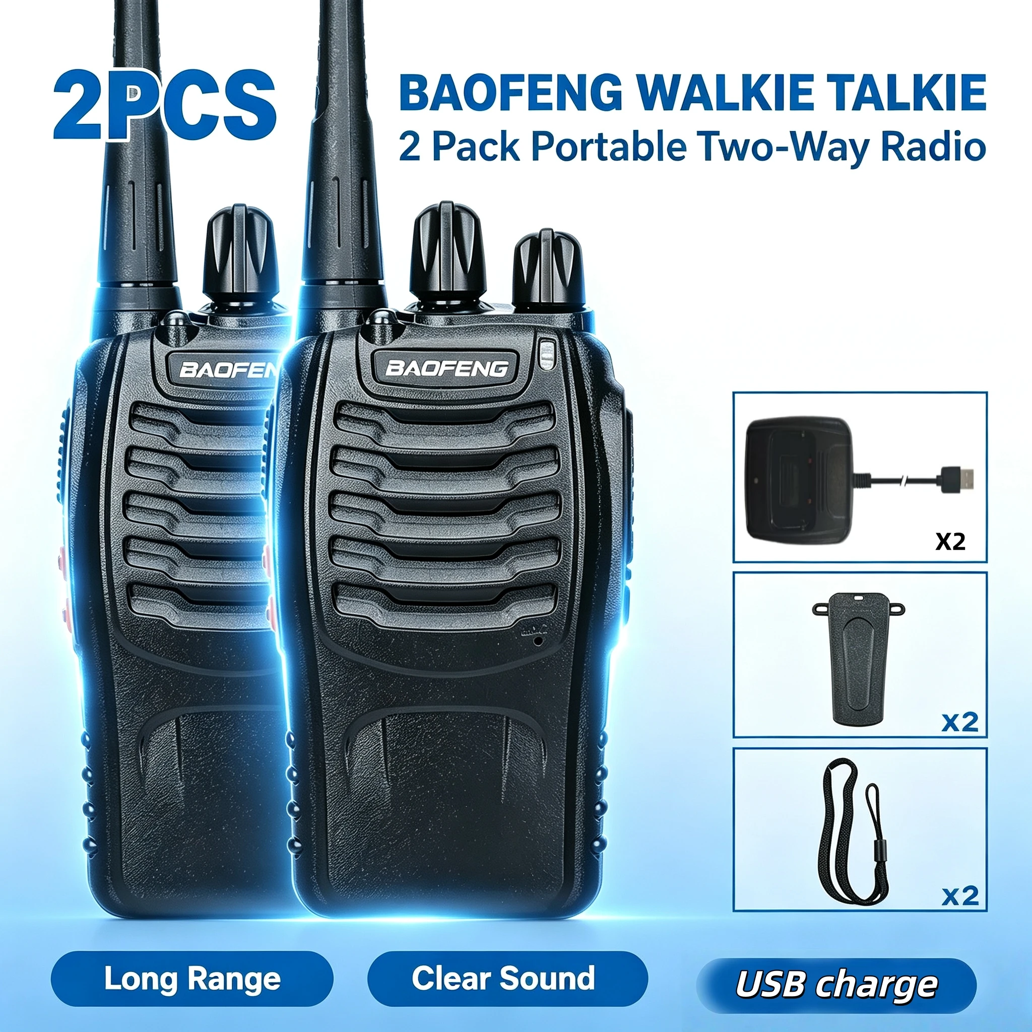 USB Long Range Walkie Talkies Baofeng 888S 16-Channel Rechargeable Handheld Two-Way Radios for Outdoor Communication
