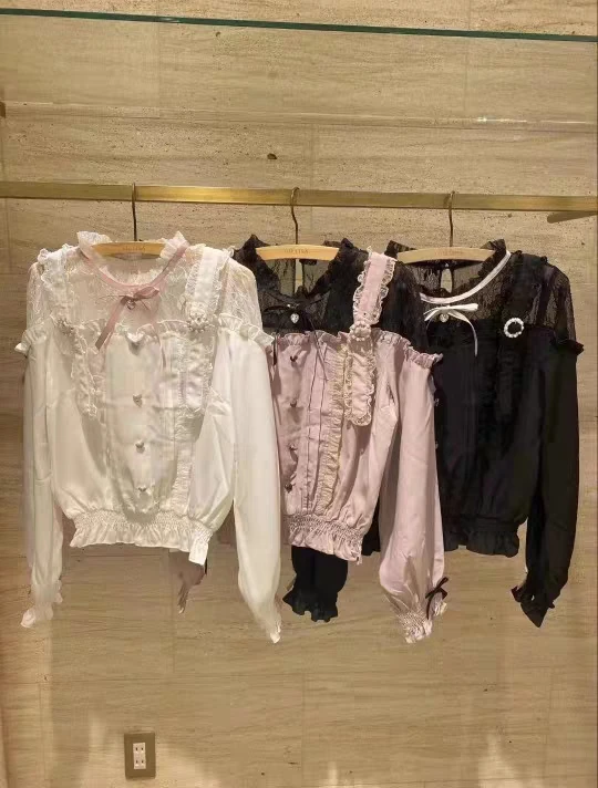 Dophee Japan Style Hollow Out Perspective Lace Women Long Sleeve Shirts Cute Ruffles Pullover Lolita Top Elegant Gothic Blouses