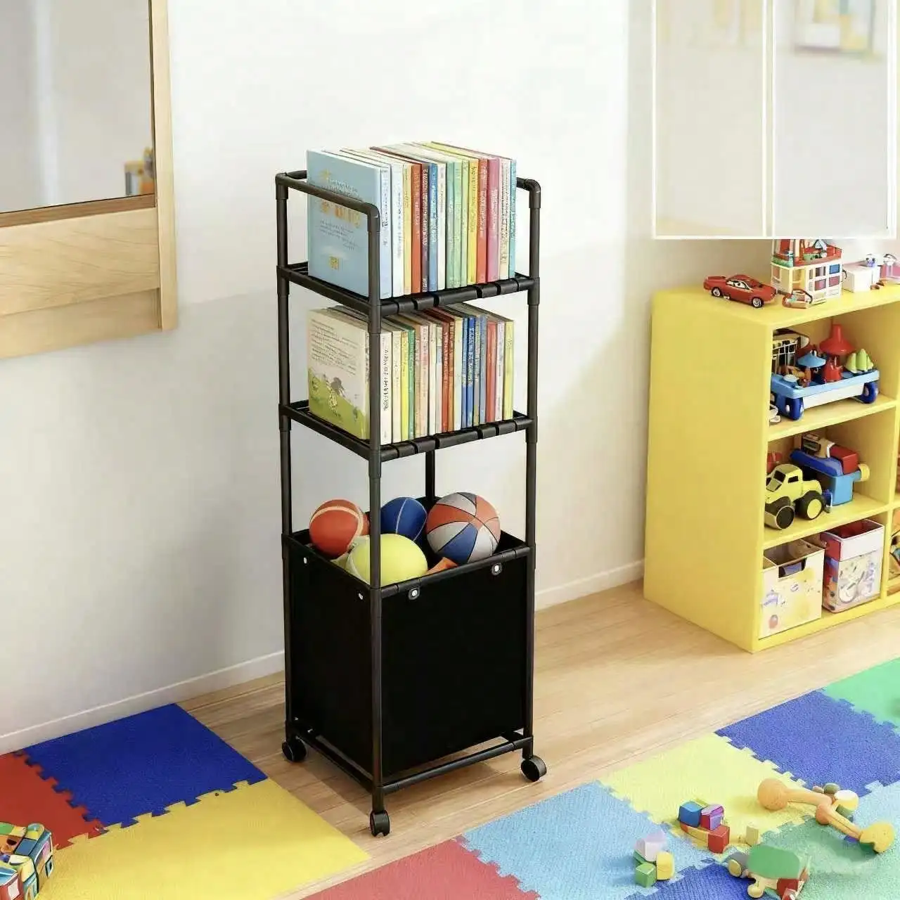 

3-Tier Wheeled Pet Toy Organizer: Black, Lidded & Open Shelves, Large Capacity for Pet Supplies Storage