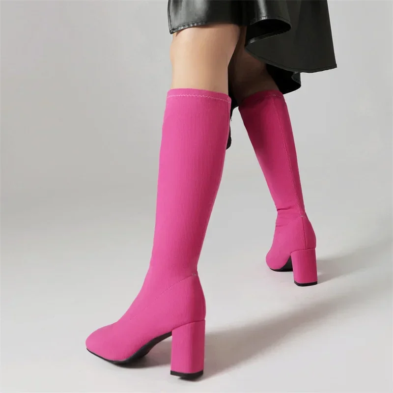 Green Rosy Women Stretch Knee High Boots High Block Heels Fall Winter Party Dress Lady Round Toe Slip-on Elastic Long Sock Boots