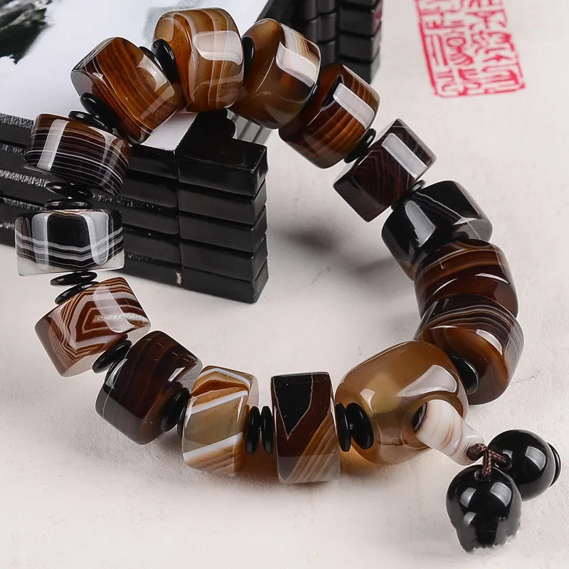 Natural Brazilian Silk Wrapped Agate Bucket Bead Bracelet, Men\'s Style, Ethnic Style, Versatile Bracelet Jewelry