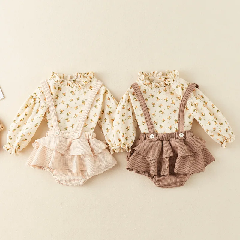 2 Colors Spring Autumn Cute Baby Girls Bodysuits Clothing Toddler Outfits Long Sleeve Floral Blouses Dress Sets 6-24M