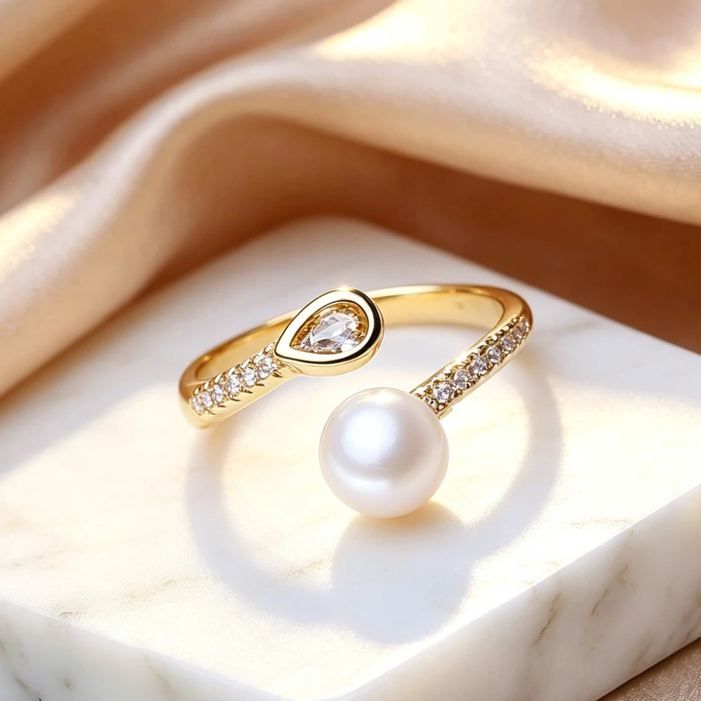 FENASY Natural Freshwater Pearl 18K Gold Plated Adjustable Rings for Women,Suitable for Daily Wear and Party,Gifts for Birthday