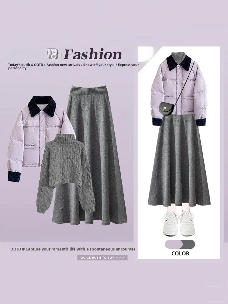 

Warm Cotton Jaet Set Women's High Collar Sweater Midi Skirt Tee Piece Set Lazy Sle Gentle Wind Winter Faion Ensemble