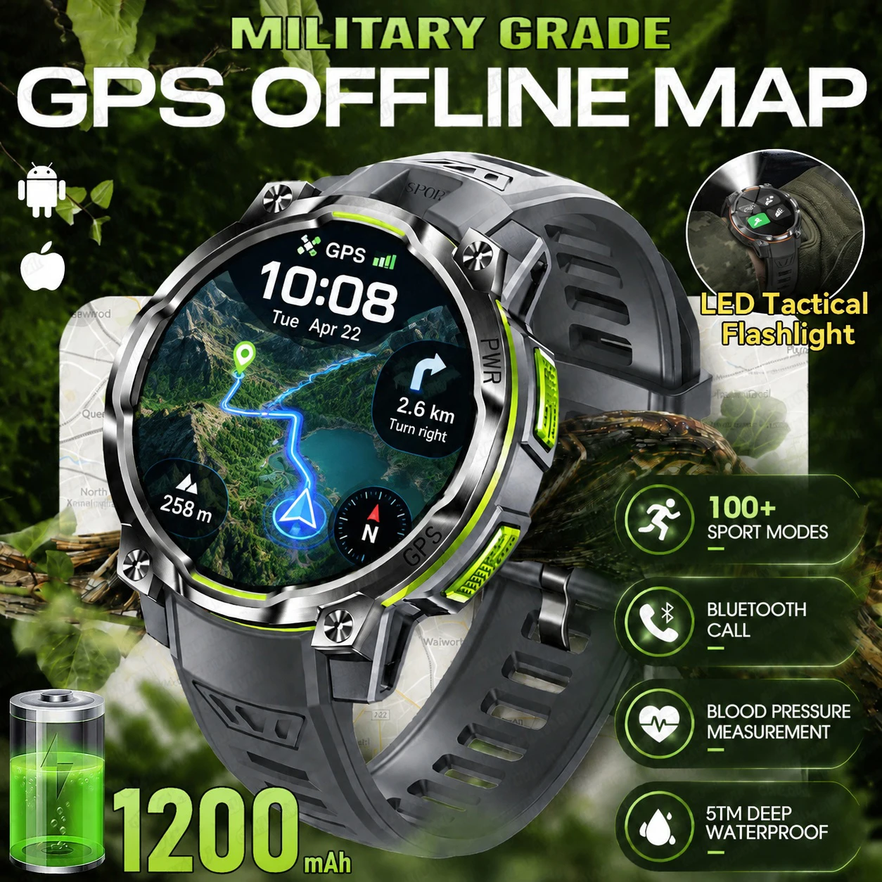 Neue 1,46 Zoll AMOLED Militärische Robuste Smartwatch GPS-Karte 5ATM Wasserdicht Blutdruck Anruf 1200mAh Akku Taschenlampe Armbanduhr für Herren