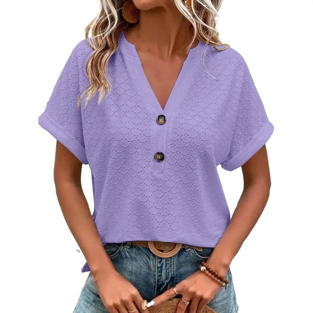 Breathable Women\'s V-neck Summer Tops Soft Pullover with Hollow Out Design Loose Fit  Button Decor Stylish Female Clothing