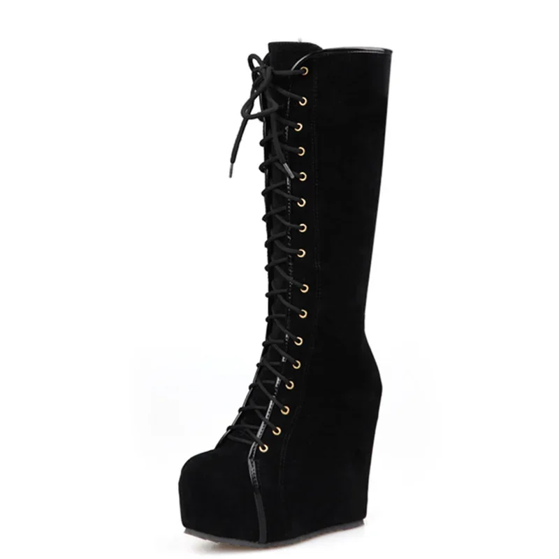 Fashion Knee High Boots Women Platform Sexy Wedge Heels Women\'s High Boots Lace-up Round Toe Black Dance Shoes For Girls