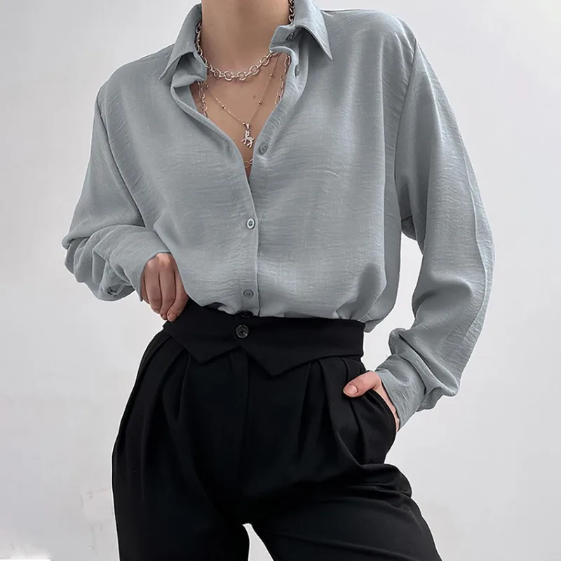 Autumn Avocado Green Loose Shirt Turn Down Collar Casual Tops Single-breasted Blouse 2024 Long Sleeve Women Clothes New 28682