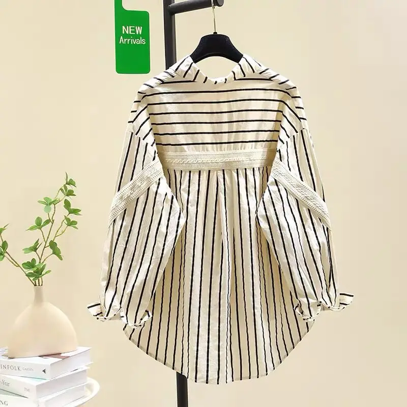

SuperAen Oversize Design Striped Shirt Women 2025 Spring and Autumn New Korean Style Fashion Lace Patchwork Loose Casual Shirts