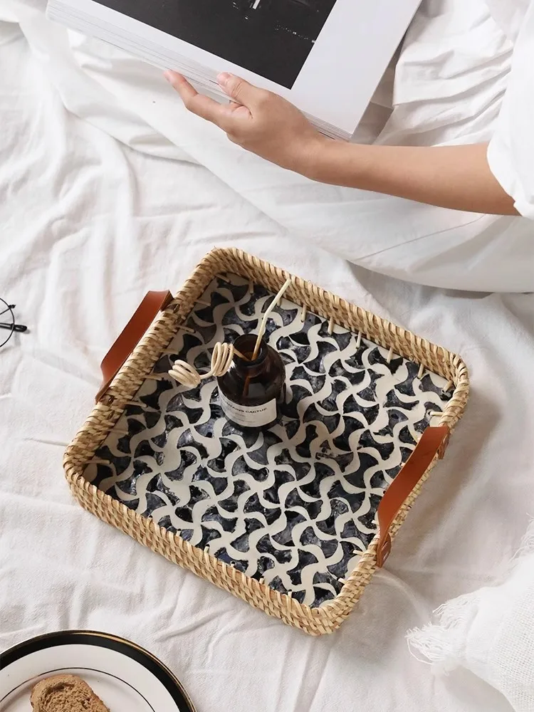 Light Luxury Style Living Room Desktop Decoration Storage Tray Hand-Woven Rattan Originality Storage Basket Jewelry Storage Tray