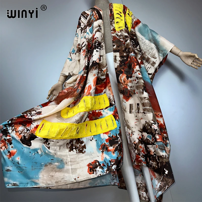 WINYI summer printed Women Cardigan Long Dress elegant Boho loose beach Cover Up Kimonos abaya dubai luxury muslim coat