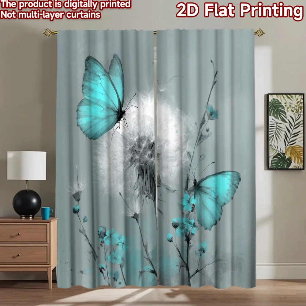 

2D flat printing 2pcs Party Curtain Blue Butterflies Floral Dandelion Digital Printed Polyester Drapes Festive Curtains Perfect