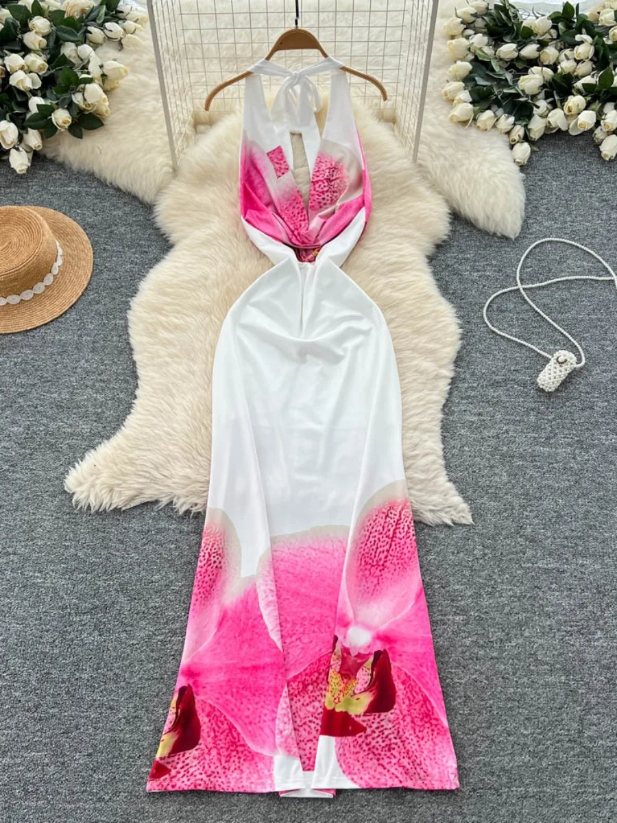 Foamlina ファッション V ネックフラワープリントホルタードレス女性の夏ディープ V カウルネック背中の開いたボディコン美しいマキシドレス