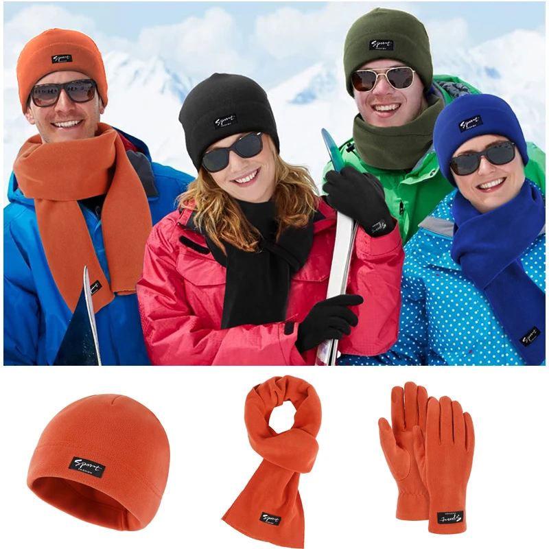 

3pcs Set Winter Hat Scarf Gloves Unisex Mountaineering Skiing Cycling Cap Set 12 Colors Soft Thickened Plush Polar Fleece Beanie