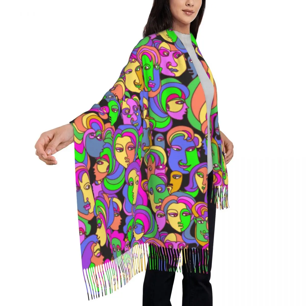 Futuristic People Portraits In Psychedelic Women's Tassel Shawl Scarf Fashion Scarf