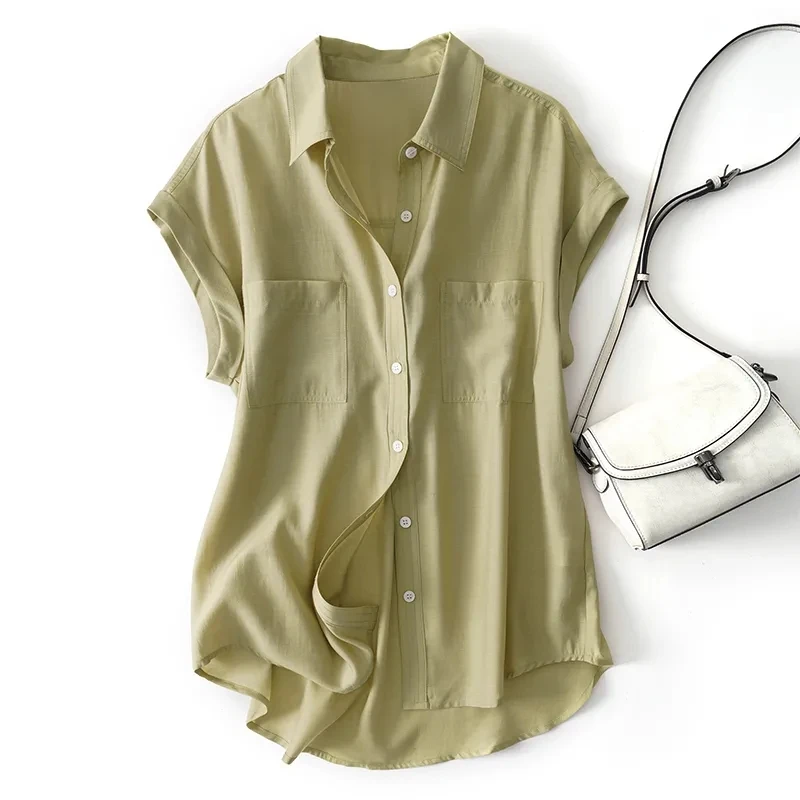 

Легкий шелковый женский топ в стиле ретро, гонконгский летний дизайн, свободный драпированный топ Fly Sve, модный однотонный воротник