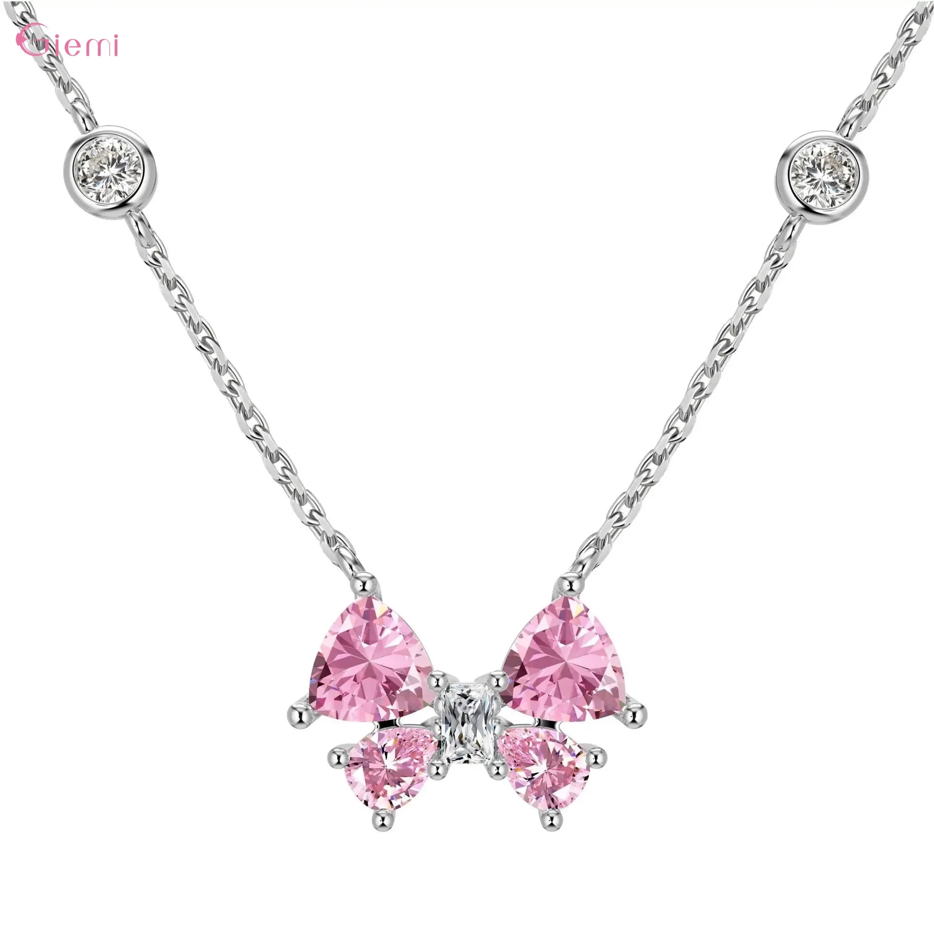 

Sweet 925 Sterling Silver Pink Bow Zircon Pendant Necklaces for Women Girls Trendy Jewelry Party Gift Accessories Wholesale