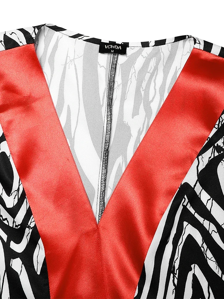 VONDA Vrouwen Plus Size Jurken Vintage Flare Mouw Satijn Maxi Zonnejurk V-hals Afdrukken Patchwork Lange Vestidos Party Gewaad 5XL