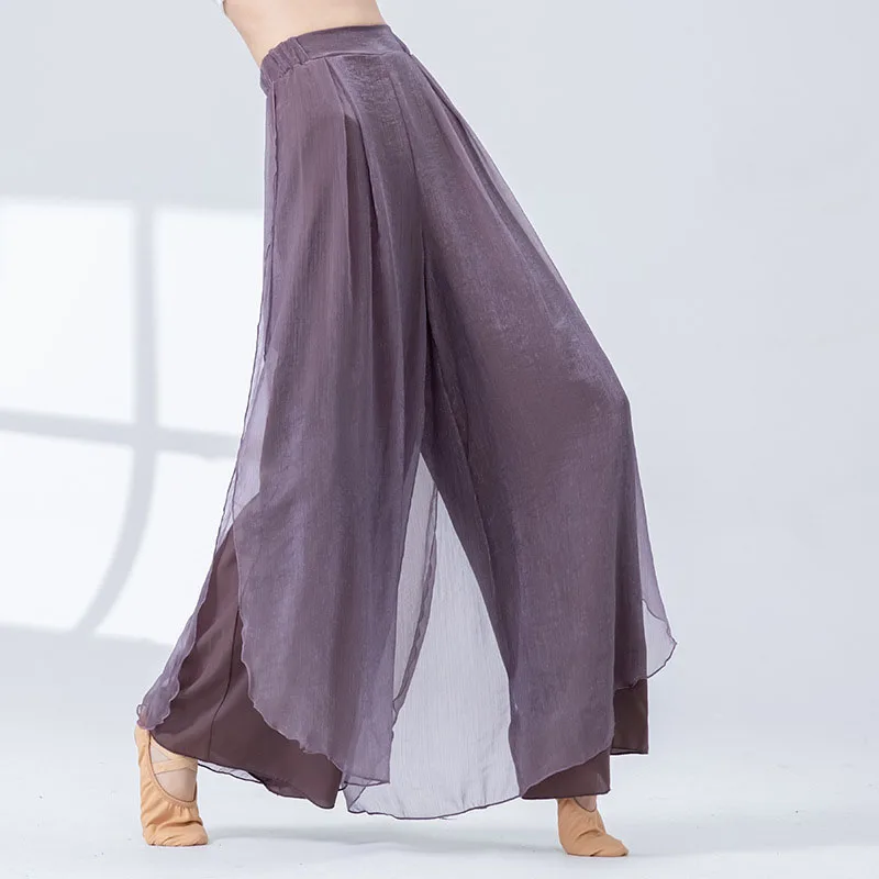 Classical Dance Dress Pants Women Double Layers Loose Trouser Practice Costume Spliced Shiny Chiffon Skirt Performance Dancewear