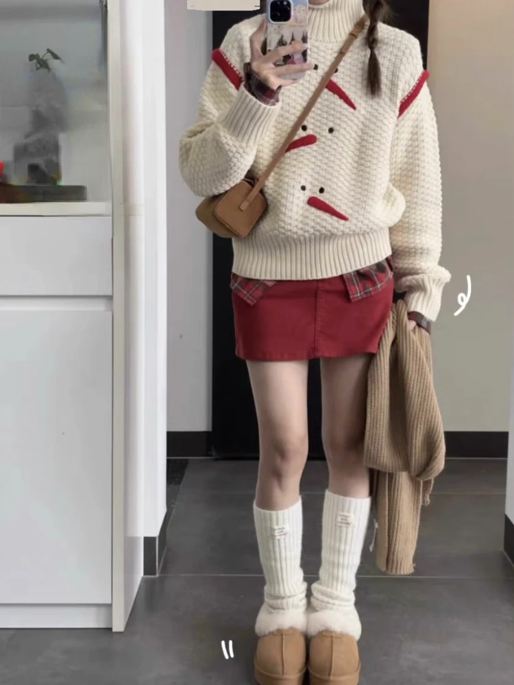 Fairy Sweet Y2k Aesthetic Knitted Sweaters 2023 Women Harajuku Embroidery Snowman Loose Pullovers Grunge Casual Kawaii Cute Tops