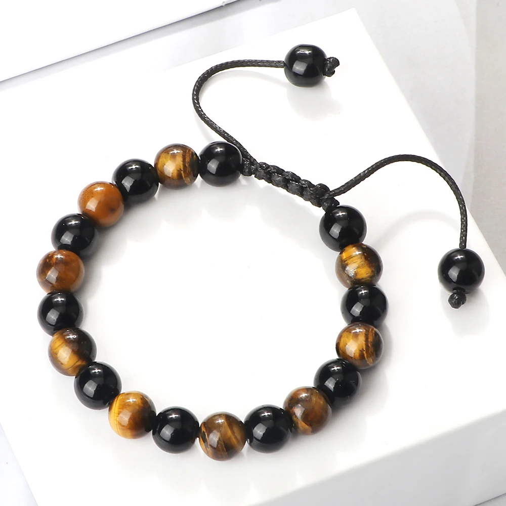 Natural Black Obsidian Beaded Bracelet Men Tiger Eye Stone Cat Eye Bracelet Yoga Essential Oil Elastic Strand Bangles Charm Gift