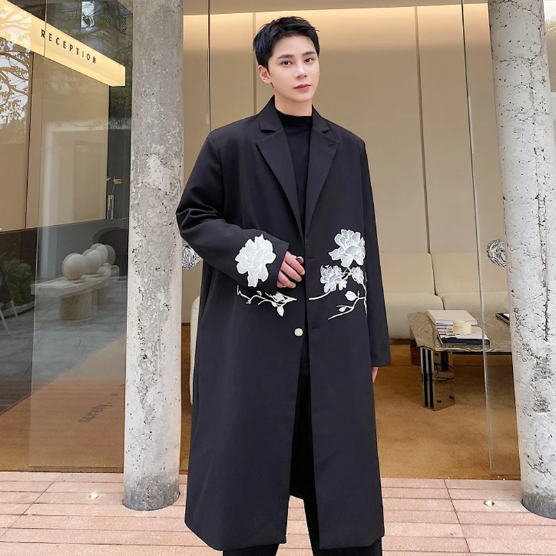 IEFB Men Overcoat Autumn Winter New Chinese Embroidery Long Coat Trend Knee High Trench Casual Male Printing Windbreaker 9C1927