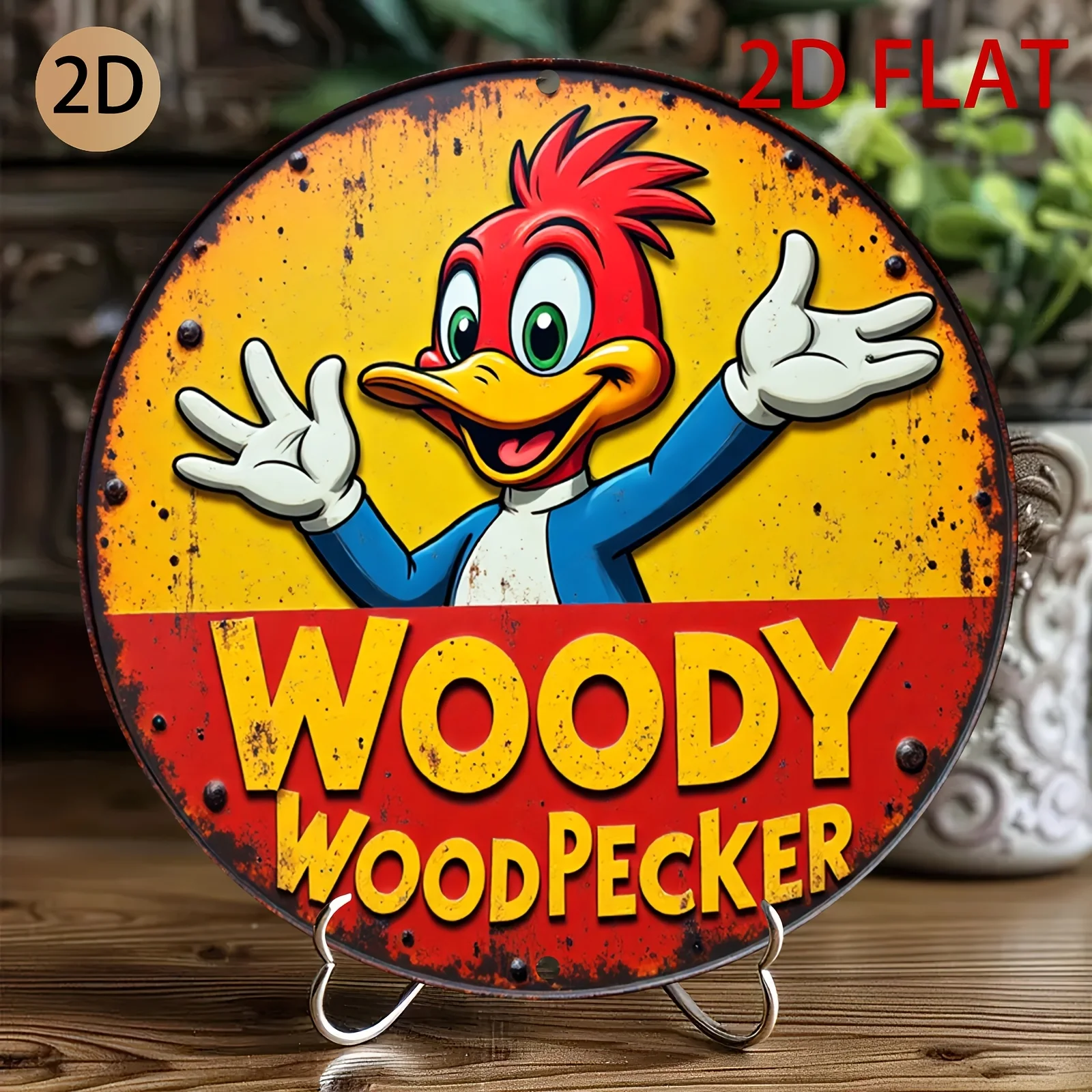 Vintage Woody Woodpecker Metal Wall Art - Rustic Circular Tin Sign with Pre-Drilled Holes, Retro Indoor Decor for Home, Garage
