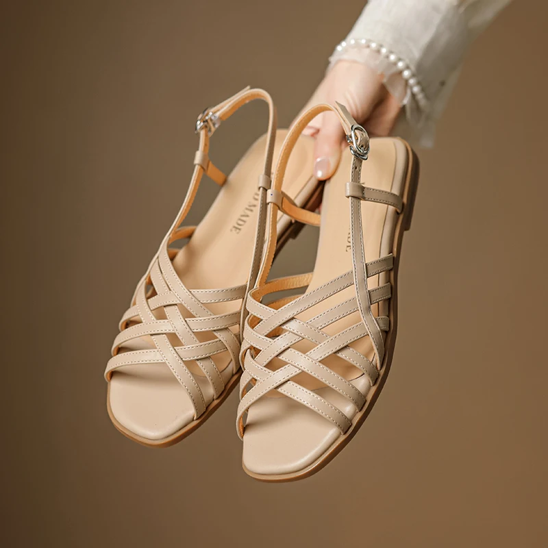 

Women's new summer leather cowhide comfortable low heel hollow breathable loose buckle Roman shoes fashion sandals