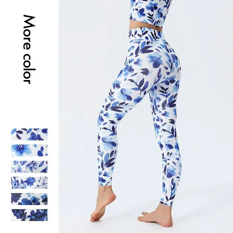 Women New Hot Sale High Waist Yoga Leggings Blue Flower Printed High Stretch Butt Lift Fitness Pant for Dancing Gym Leisure 7Z