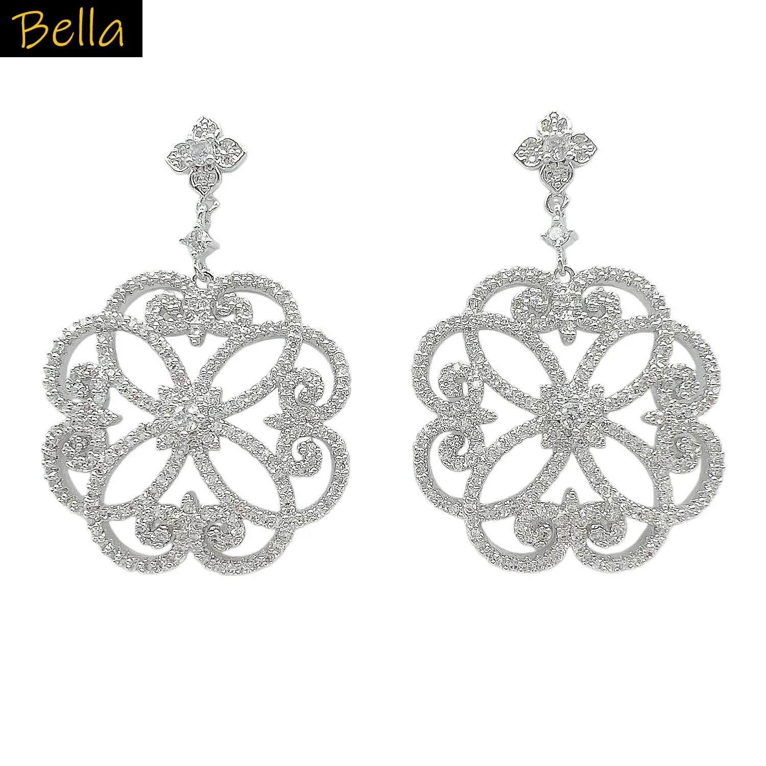 

luxury earrings for women wedding party gala event shiny jewelry silver color zircon cut out flower floral dangling earrings