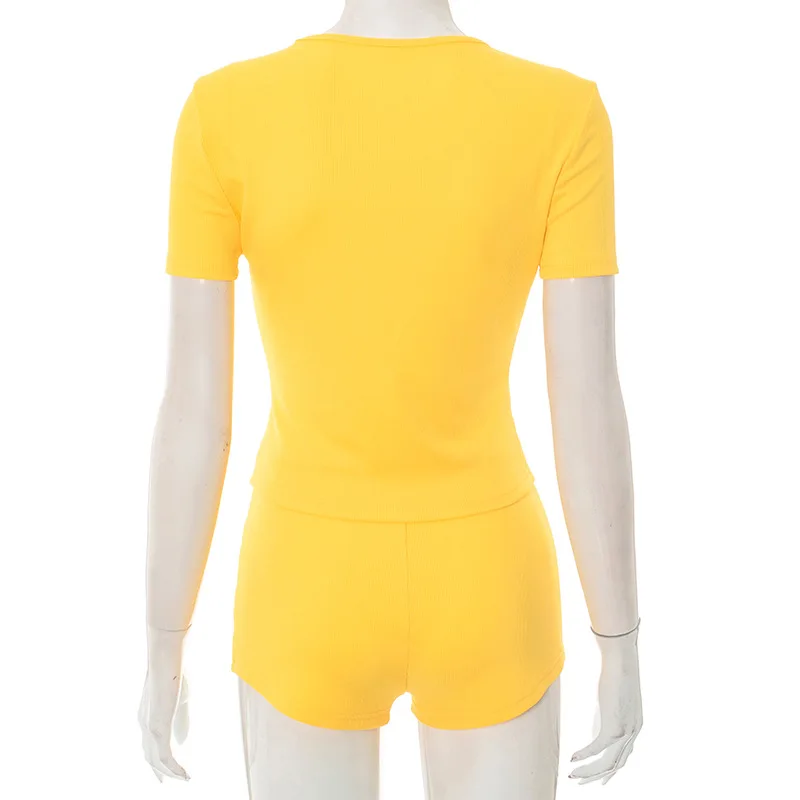 ผู้หญิง Ribbed 2 ชิ้นชุดลําลอง O-คอสั้นเสื้อยืดเสื้อและกางเกงขาสั้น Slim Streetwear ชุดการจับคู่