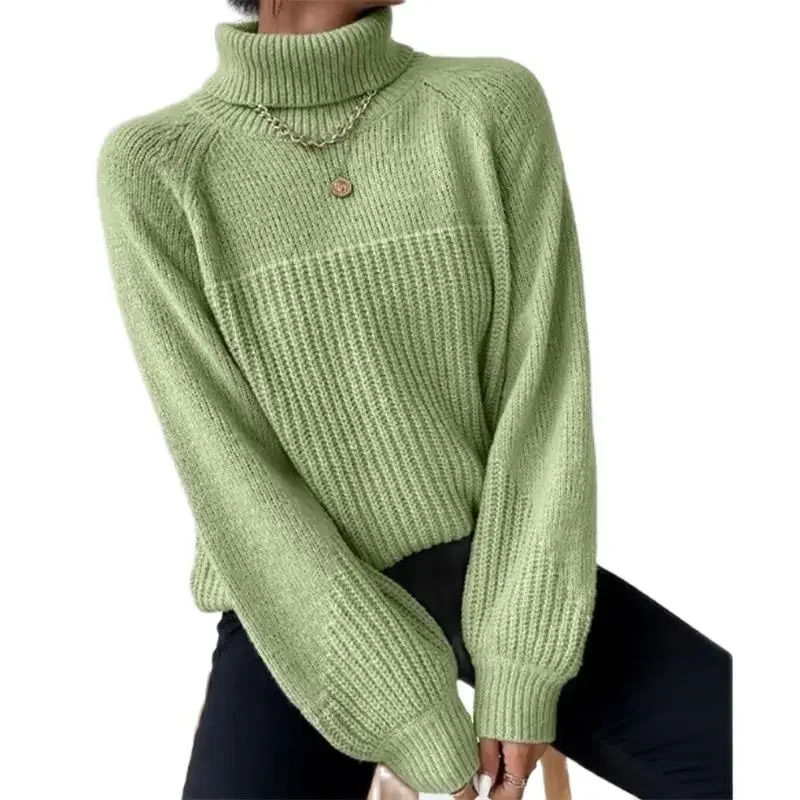 

Women Solid Color Turtleneck Woven Sweater Autumn Winter Lantern Long Sleeve Jumpers Female Simple Style Solid Color Knitted Top