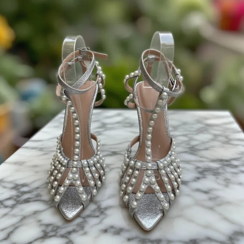 Pearl T Strap Pointed Toe Thin Heels Women Silver Glitter Ankle Strap Sandals Lady Sexy Elegant Cover Heel Party Wedding Shoes
