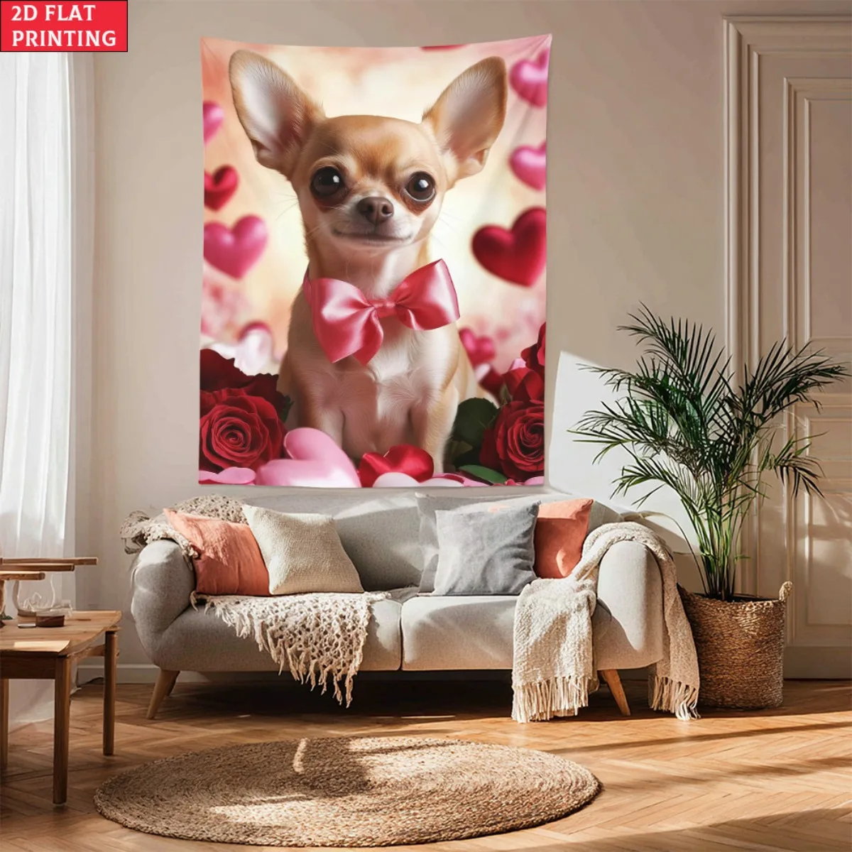 Chihuahua Dog Heart Roses Tapestry Wall Hanging Pet Lover Romantic Cute Animal 2D Wall Art for Bedroom Living Room Decor