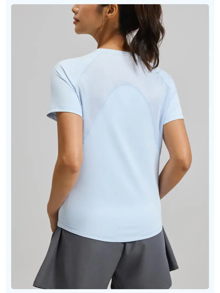 Women Workout Short Sleeve T-Shirt Mesh Curved Back Athletic Tee Soft Lightweight High Stretch Sports Top for Tennis Running Gym