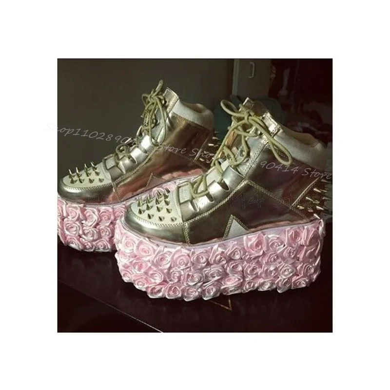 

Pink Appliques Gold Spikes Decor Platform Pumps Cross Tied Women Shoes High Top Fashion Party Banquet 2025 Zapatos Para Mujere