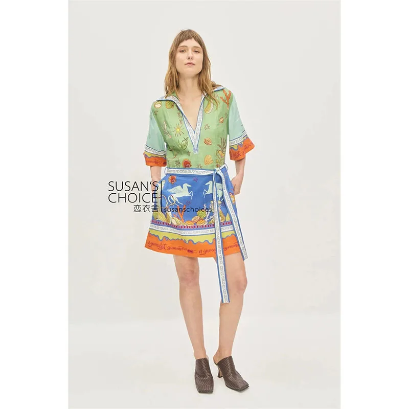 

Susan Lin Small Batch Holiday Sle Faion Light een Ocean Print Linen mid Sve женское платье повседневное свободного кроя летнее...