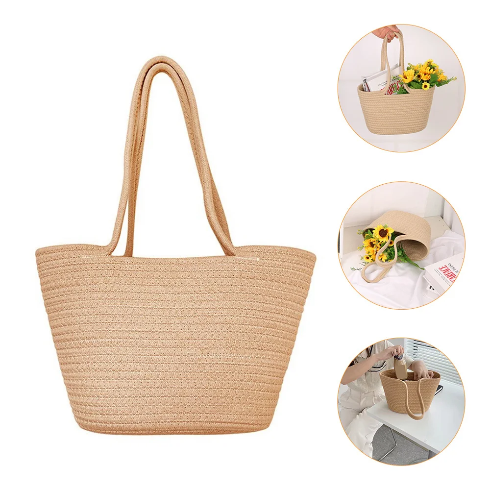 

1Pcs Rope Woven Hand Basket Khaki Cotton Linen Flower Storage Gift Bag Portable Outdoor Leisure Storage Basket