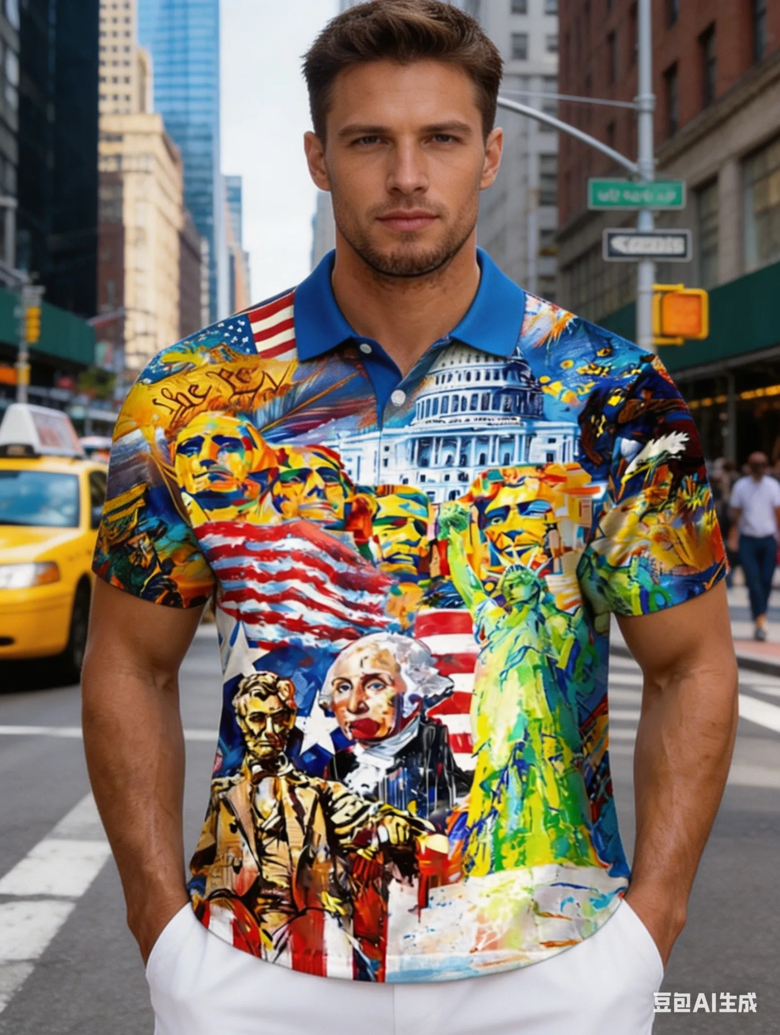 

Men's USA Patriotic Polo Shirt 3D Print Artistic Presidents Statue of Liberty Capitol Building USA Flag Short Sleeve Top