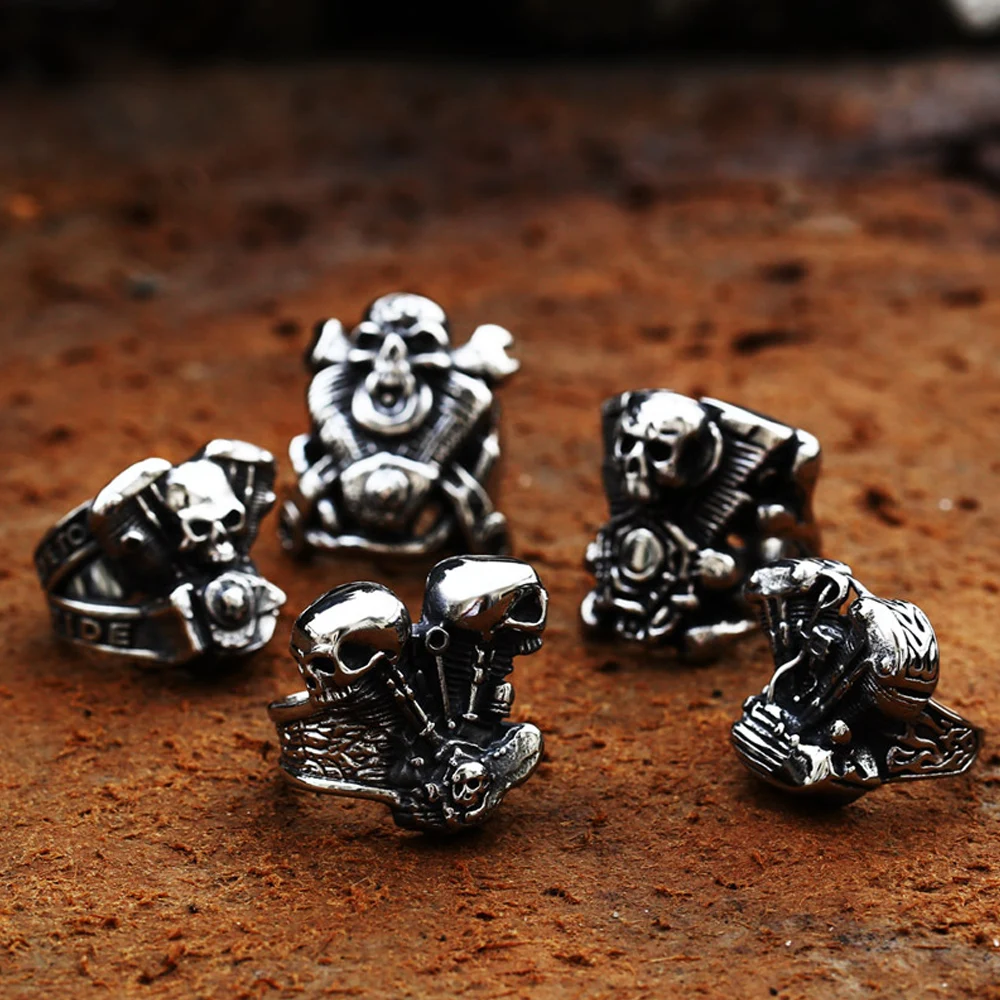 Punk Cool Man Motorcycle Engine Ring For Men Boy Gothic 316L Stainless Steel Biker Skull Ring Fashion Jewelry Gift Wholesale