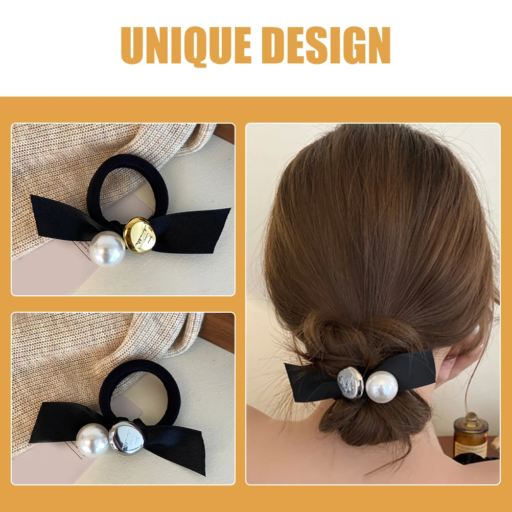 

4 Pcs Elastic Pearl Bow Hair Ties Scrunchies for Girls Women Silver Gold Decorative Thin Hair Accessories Daily Party Use
